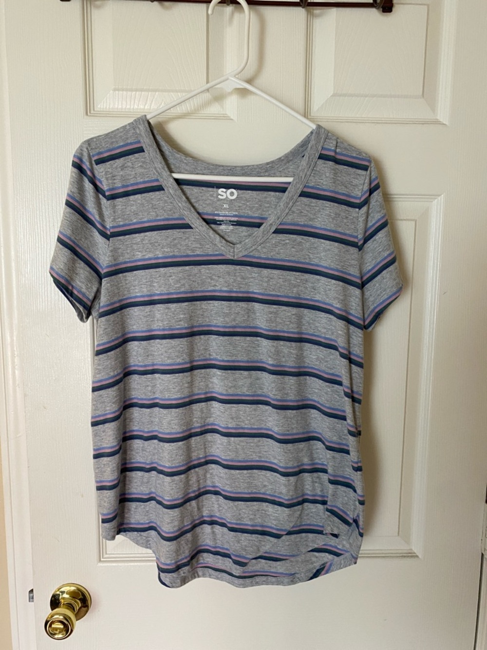SO Gray V-Neck Tee with multicolored stripes-Tees are 3 for $12 bundled 💚